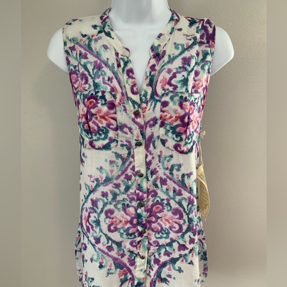 NWOT Aratta Cream Sleeveless Button DownTank with Purple & Teal Print - Picture 14 of 16